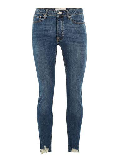 Topman Mens Blue Mid Wash Raw Hem Stretch Skinny Jeans