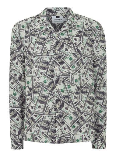 Topman Mens Green Dollar Bill Shirt