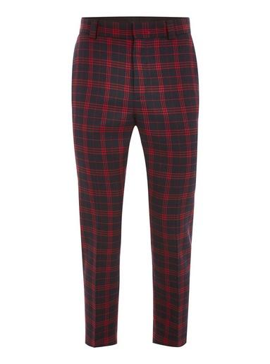 Topman Mens Navy And Red Check Relaxed Cropped Trousers