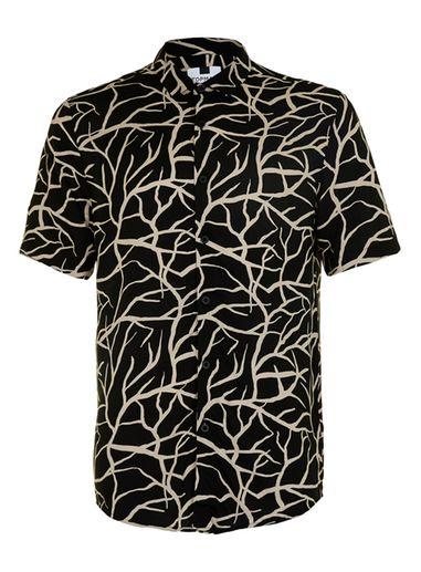 Topman Mens Black Brown Printed Viscose Short Sleeve Casual Shirt