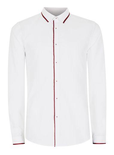 Topman Mens White And Burdundy Trim Slim Fit Dress Shirt