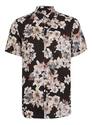 Topman Mens Black And Pink Flower Print Short Sleeve Casual Shirt