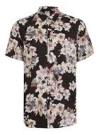 Topman Mens Black And Pink Flower Print Short Sleeve Casual Shirt
