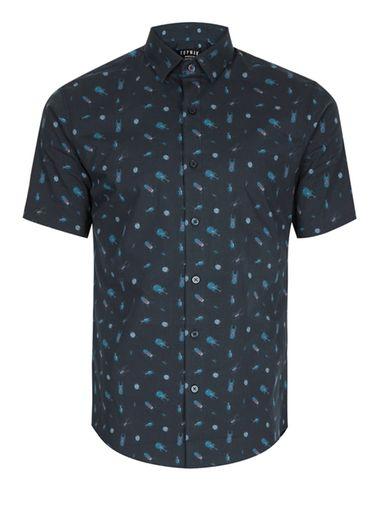 Topman Mens Black Bug Print Muscle Fit Short Sleeve Shirt