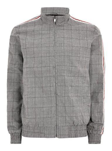 Topman Mens Mid Grey Dark Gray Checked Side Stripe Harrington Jacket