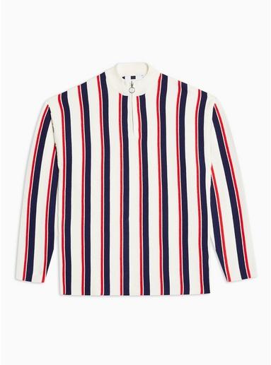 Topman Mens Cream White And Navy Stripe Zip Neck Jumper