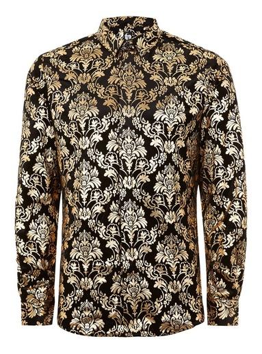 Topman Mens Black Twisted Tailor Gold Velvet 'thrill' Baroque Long Sleeve Shirt