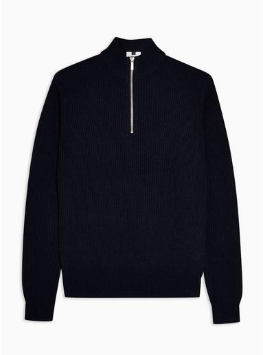 Topman Mens Navy Textured Zip Neck Sweater