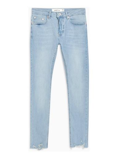 Topman Mens Blue Light Wash Raw Hem Spray On Jeans