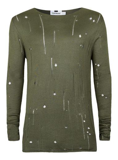 Topman Mens Khaki Ripped Slim Fit Sweater
