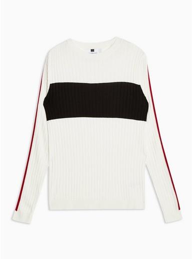 Topman Mens White Chest Block Ribbed Jumper