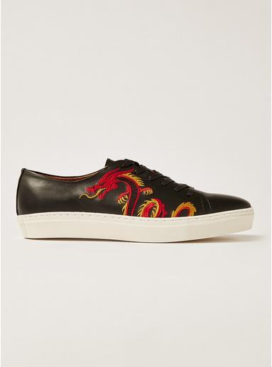 Topman Mens Black Leather Dane Embroidered Premium Sneakers