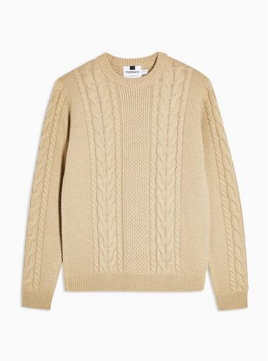 Topman Mens Beige Stone Cable Knit Sweater With Wool