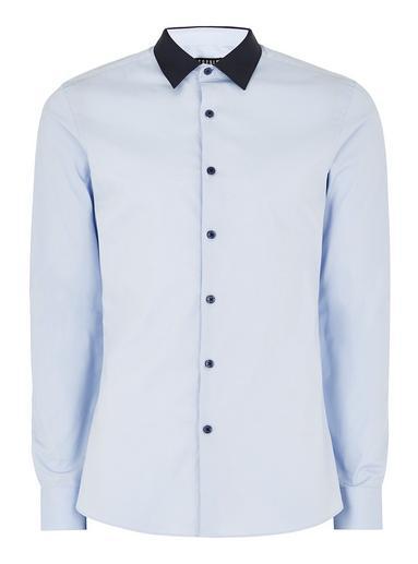 Topman Mens Light Blue Tape Collar Long Sleeve Shirt