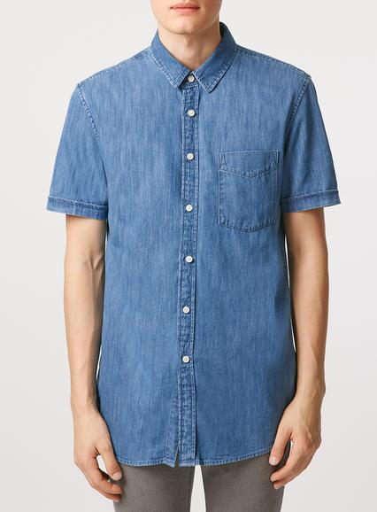 Topman Mens Blue Heavy Wash Denim Short Sleeve Casual Shirt