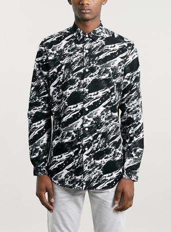 Topman Mens Black Monochrome Marble Print Long Sleeve Shirt