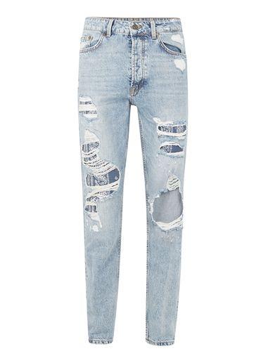 Topman Mens Light Wash Blue Patch Standard Jeans