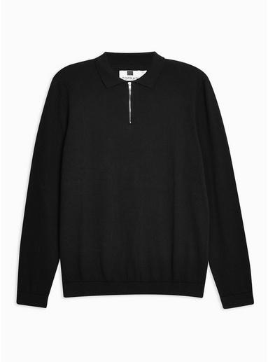 Topman Mens Black Long Sleeve Zip Polo Jumper
