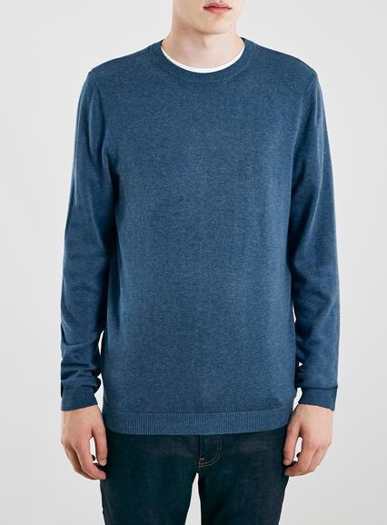 Topman Mens Blue Navy Denim Crew Neck Sweater