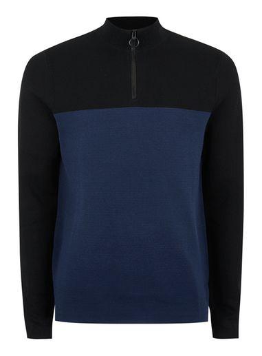 Topman Mens Blue Navy And Black Half Zip Viscosse Knit Top