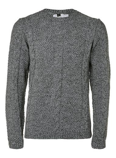Topman Mens Mid Grey Black Twist Cable Crew Neck Sweater