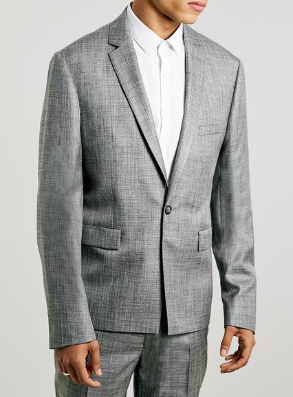 Topman Mens Mid Grey Grey Crosshatch Skinny Suit Jacket