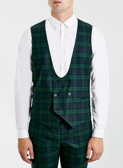 Topman Mens Noose And Monkey Green Tartan Vest