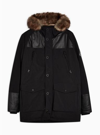 Topman Mens Black Parka Jacket With Faux Fur Hood