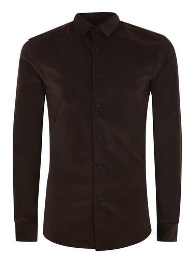 Topman Mens Brown Corduroy Muscle Fit Long Sleeve Shirt