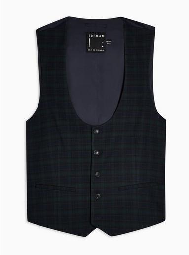 Topman Mens Navy And Green Check Super Skinny Fit Suit Waistcoat