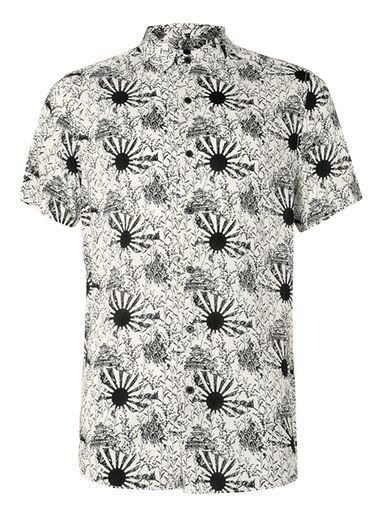 Topman Mens Cream Off White And Black Sun Print Viscose Short Sleeve Casual Shirt