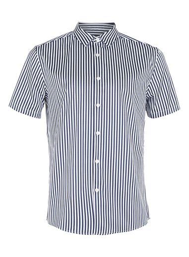 Topman Mens Blue Navy And White Bengal Stripe Short Sleeve Dress Shirt