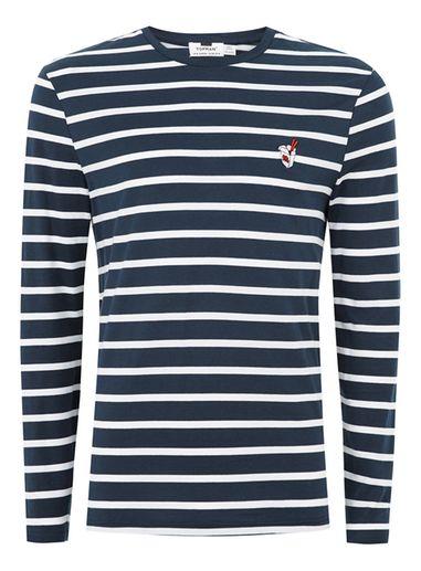 Topman Mens White Navy Stripe Badge T-shirt