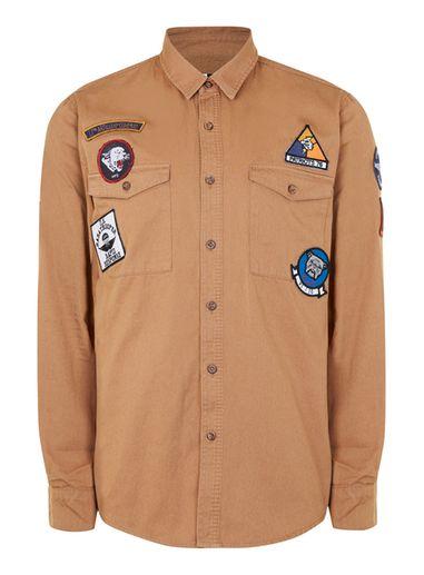 Topman Mens Brown Tan Twill Badged Casual Shirt