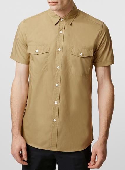 Topman Mens Brown Camel Double Pocket Poplin Short Sleeve Casual Shirt