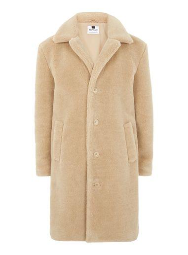Topman Mens Brown Camel Faux Fur Overcoat