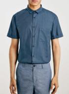 Topman Mens Blue Navy / Black Stripe Short Sleeve Smart Shirt