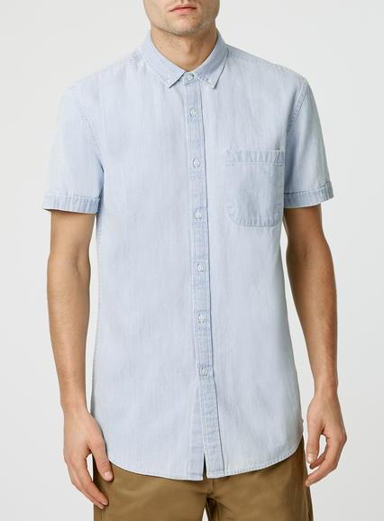 Topman Mens Blue Bleach Wash Denim Short Sleeve Casual Shirt