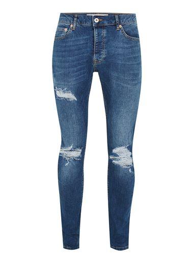 Topman Mens Blue Indigo Ripped Stretch Skinny Jeans