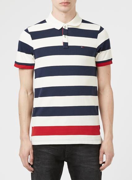 Topman Mens Blue Hilfiger Denim Navy And Red Stripe Polo Neck Shirt