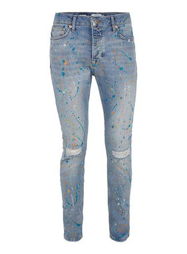 Topman Mens Blue Light Wash Paint Splat Skinny Jeans