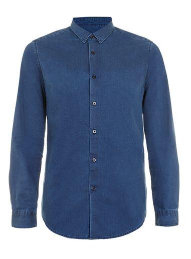 Topman Mens Dark Blue Denim Long Sleeve Shirt