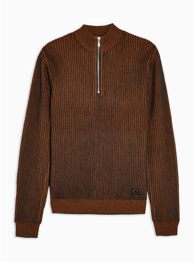 Topman Mens Brown Toffee Plaited Half Zip Sweatshirt