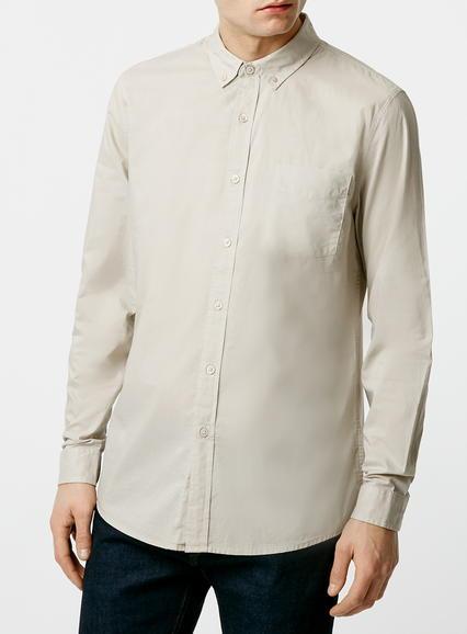Topman Mens Brown Stone Poplin Long Sleeve Casual Shirt