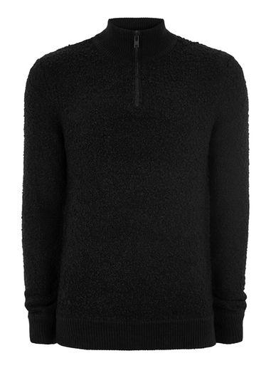 Topman Mens Black Boucle Zip Funnel Sweater