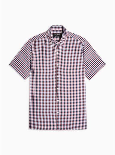 Topman Mens Red And Navy Gingham Slim Shirt