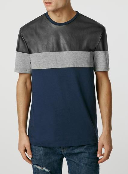 Topman Mens Blue Navy Cut And Sew Pu T-shirt
