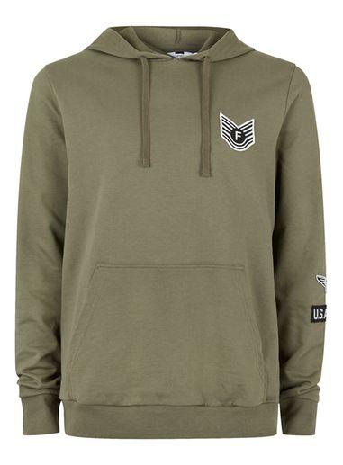 Topman Mens Green Khaki Military Badge Classic Fit Hoodie