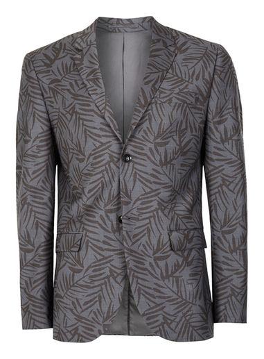 Topman Mens Mid Grey Grey Fern Print Skinny Fit Suit Jacket