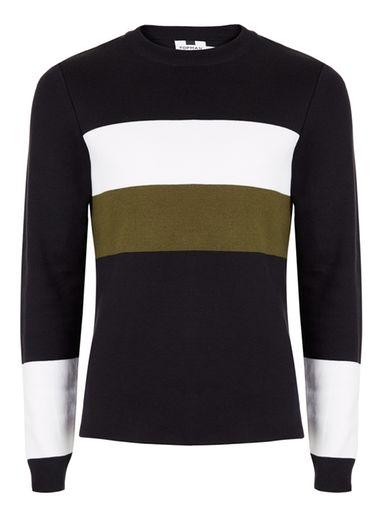 Topman Mens Blue Navy, Khaki And White Colour Block Sweater